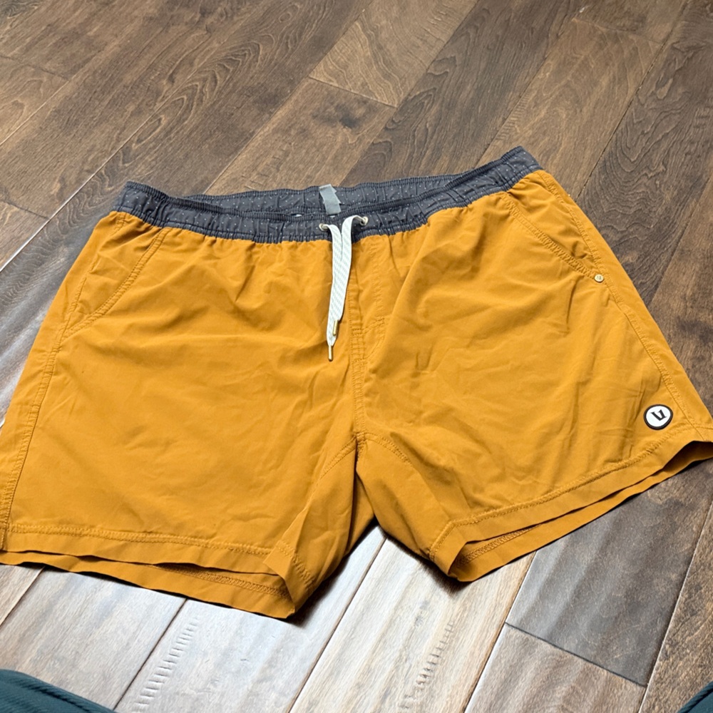 Mustard Yellow/Orange Vuori Active Shorts with Contrast Waistband